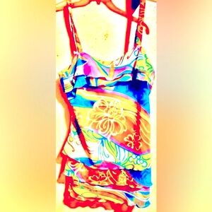 WORK TO WEEKEND Floral Top w/ Ruffles, Vibrant Colors, Adjustable Straps, 8